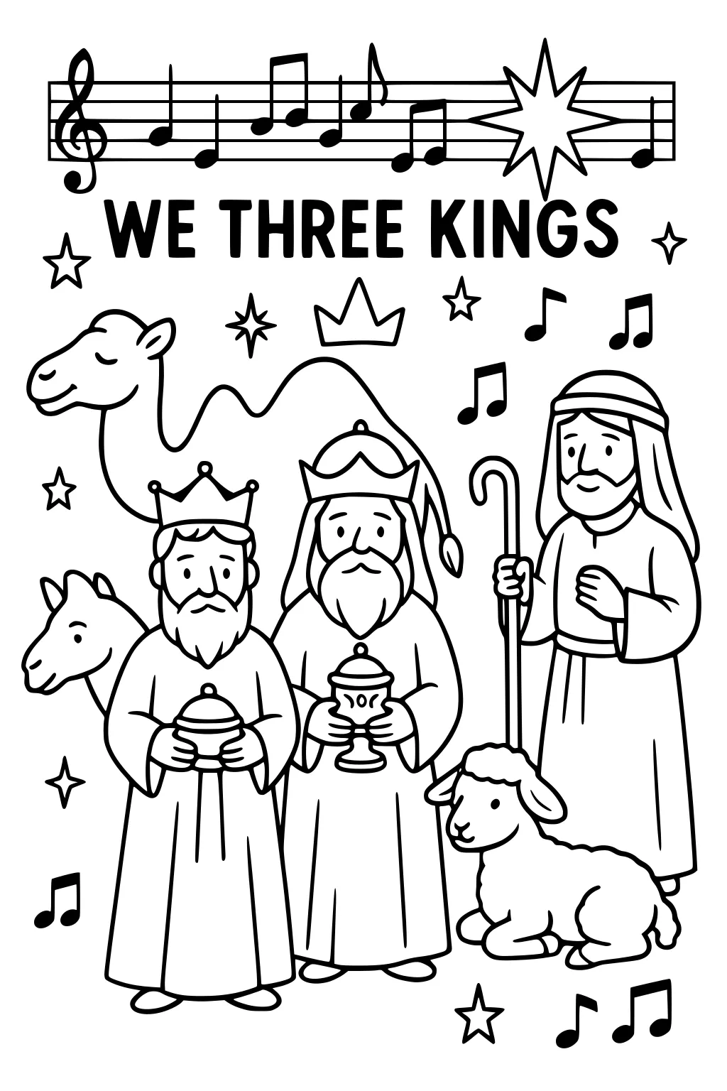 Three kings with gifts, a shepherd with staff, camel, donkey, lamb, and stars with music notes under the We Three Kings title.