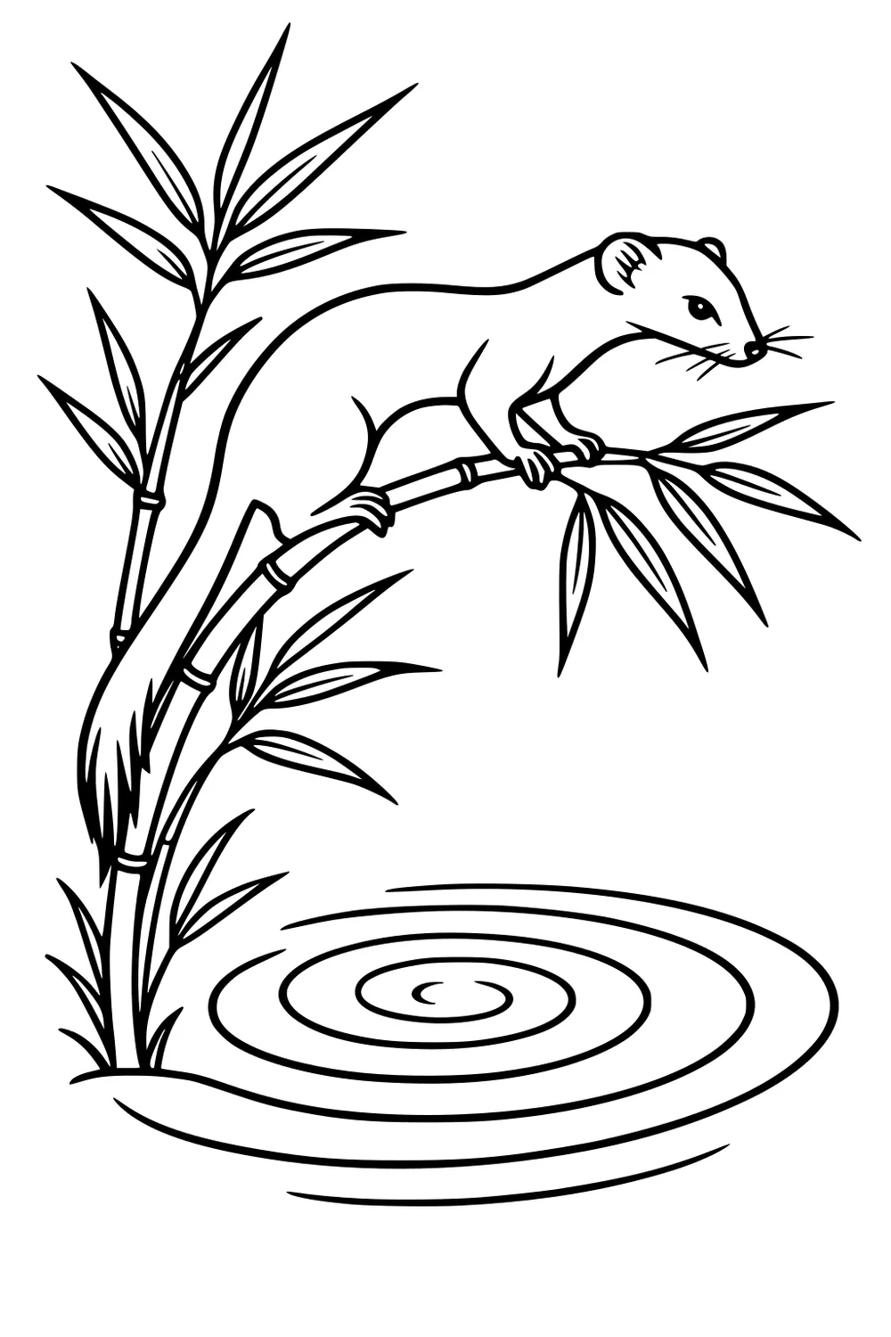 Weasel on bamboo branch above pond with ripples and tall bamboo leaves in background.