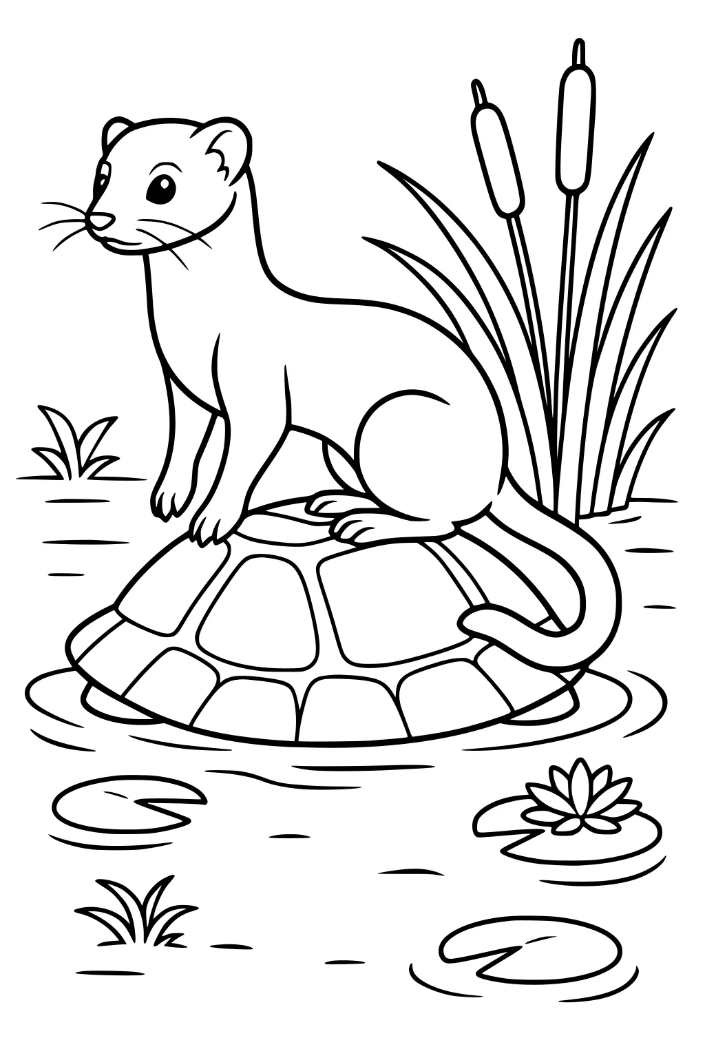Weasel sitting on turtle shell in pond with lily pads, cattails, and water plants.