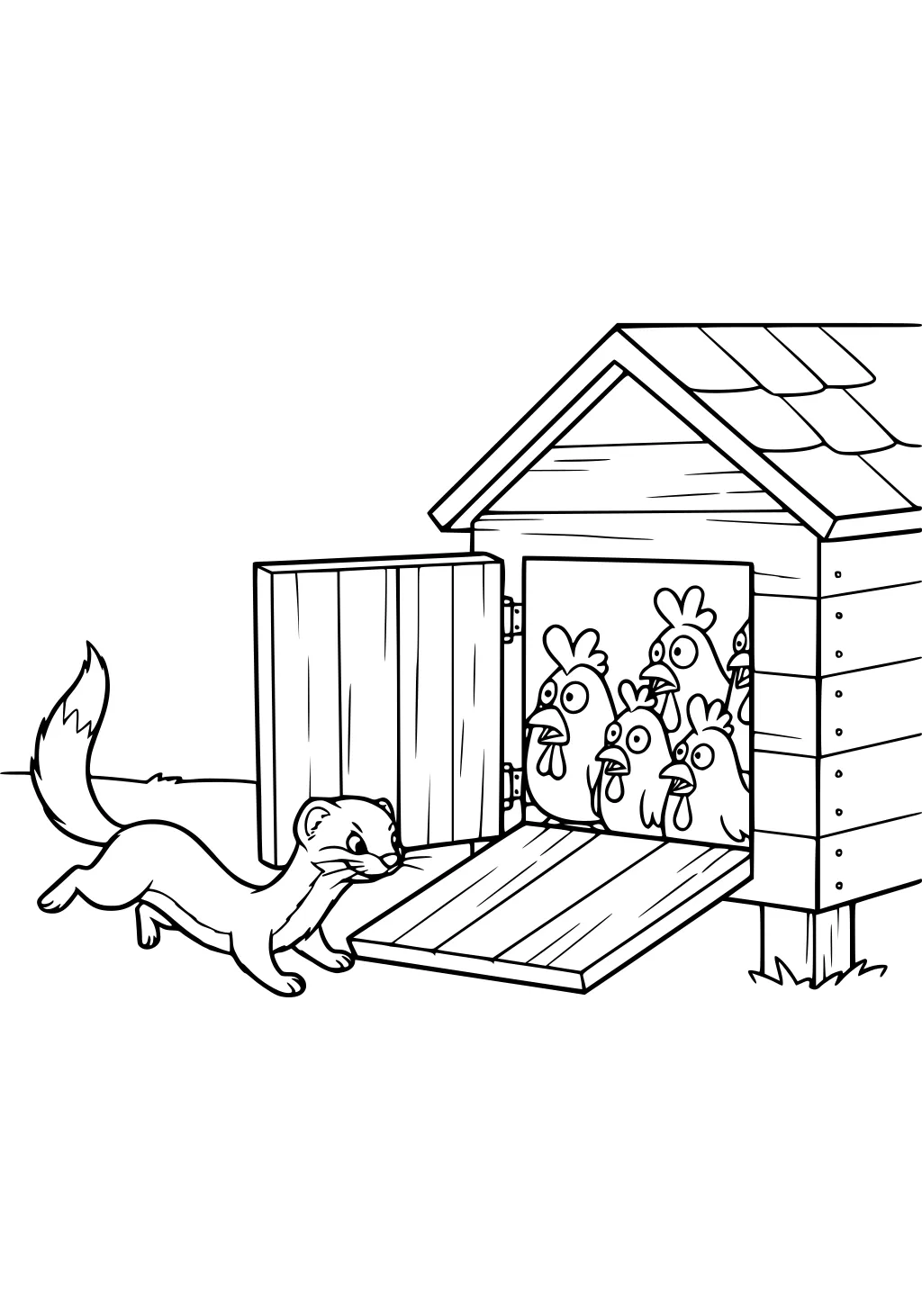 Weasel creeping toward open chicken coop while four surprised chickens watch from inside.