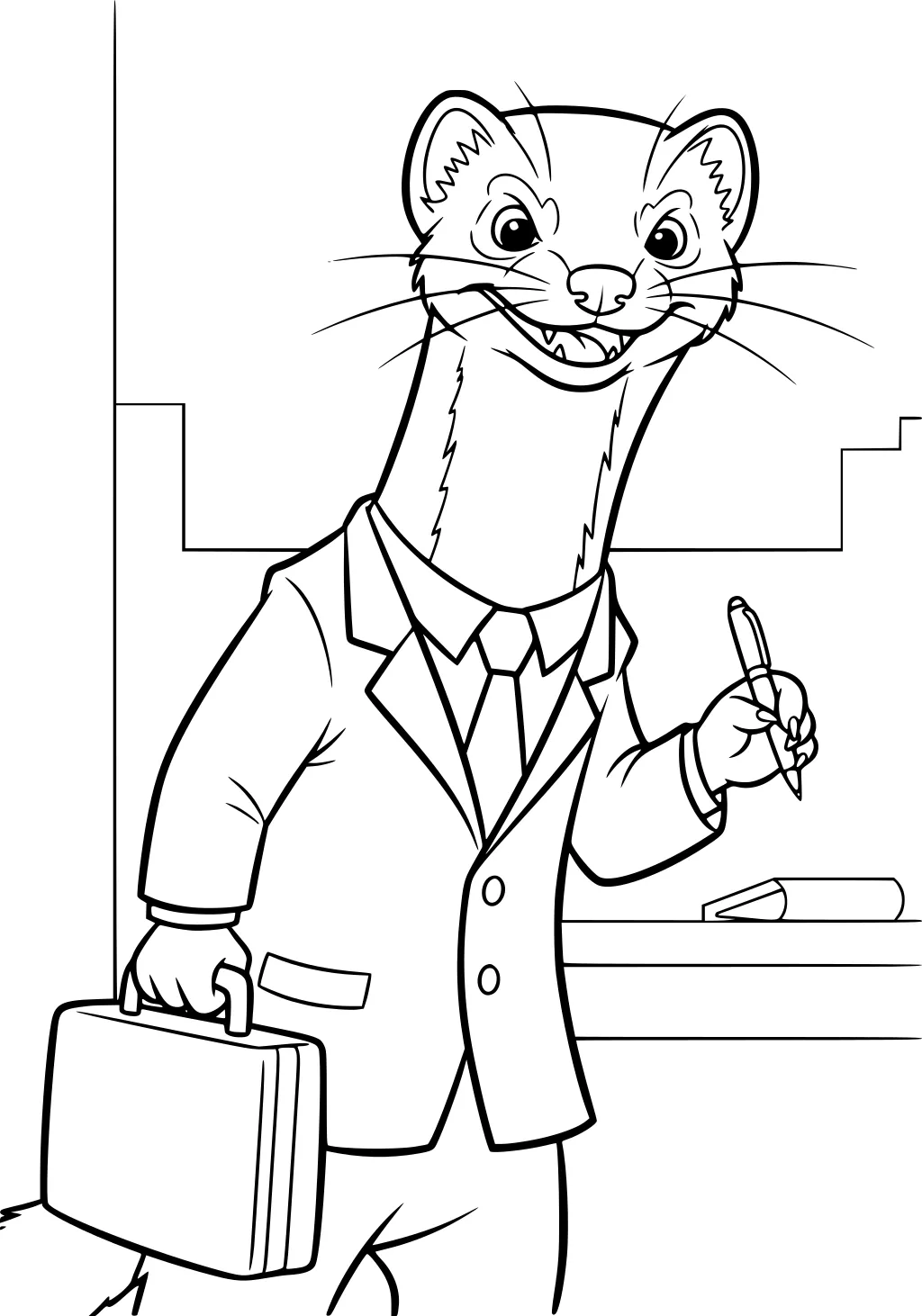 Weasel in a suit holding a briefcase and pen, desk with book, and a city skyline background.