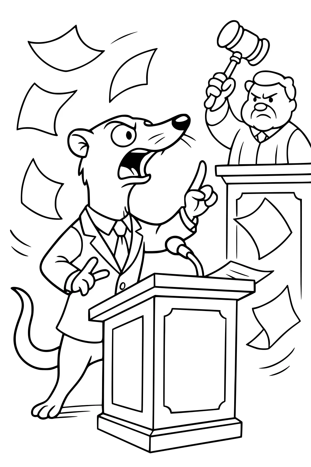Weasel in a suit speaking at a podium, papers flying, judge holding a gavel at a bench.