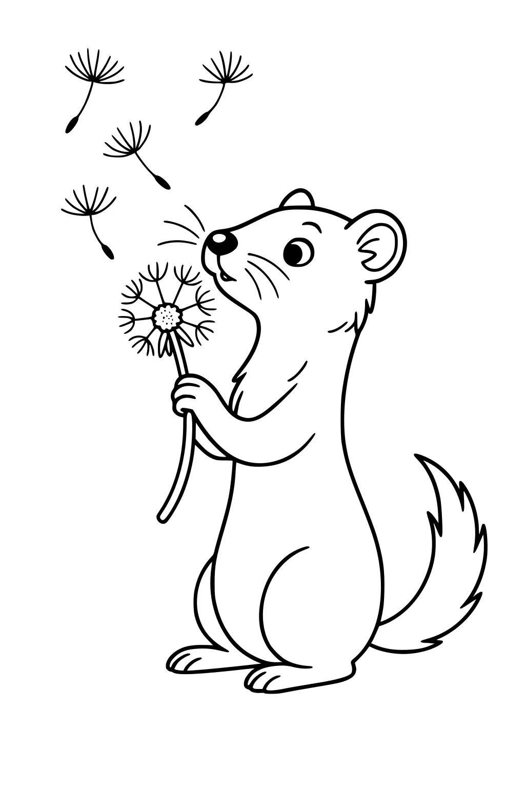 Cartoon weasel on hind legs blowing dandelion seeds, with several puffs floating above her head.