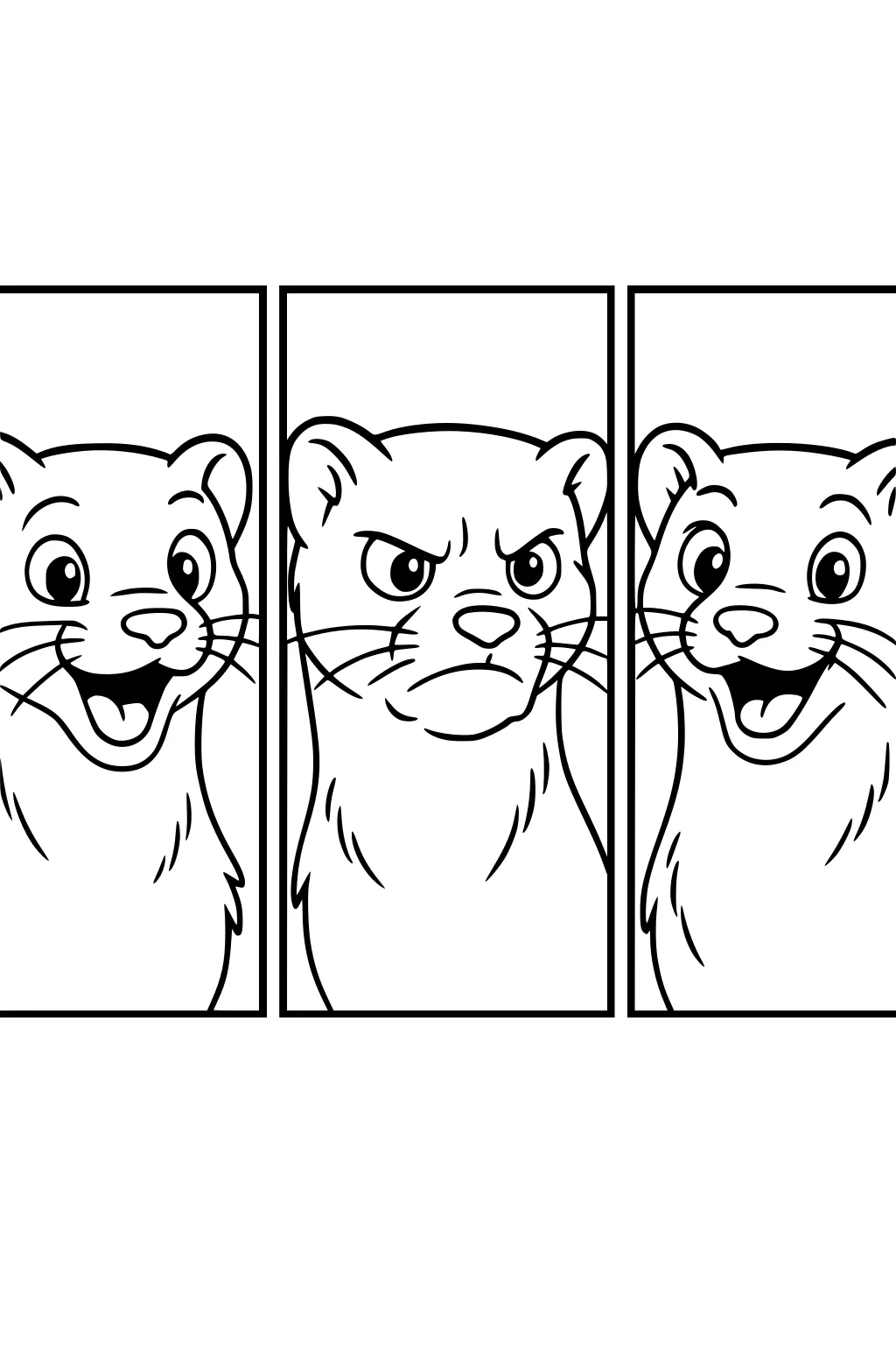Three cartoon weasel faces in a row, showing happy, angry, and happy expressions inside separate boxes.