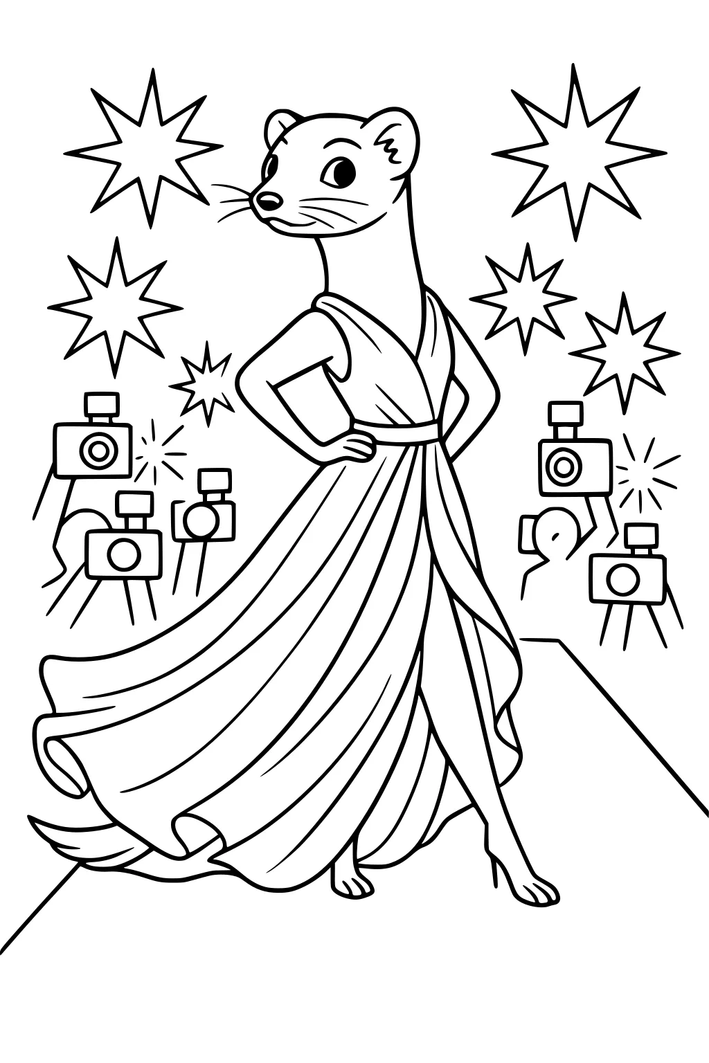Weasel wearing a gown on a runway, surrounded by cameras and photographers with camera flashes going off.