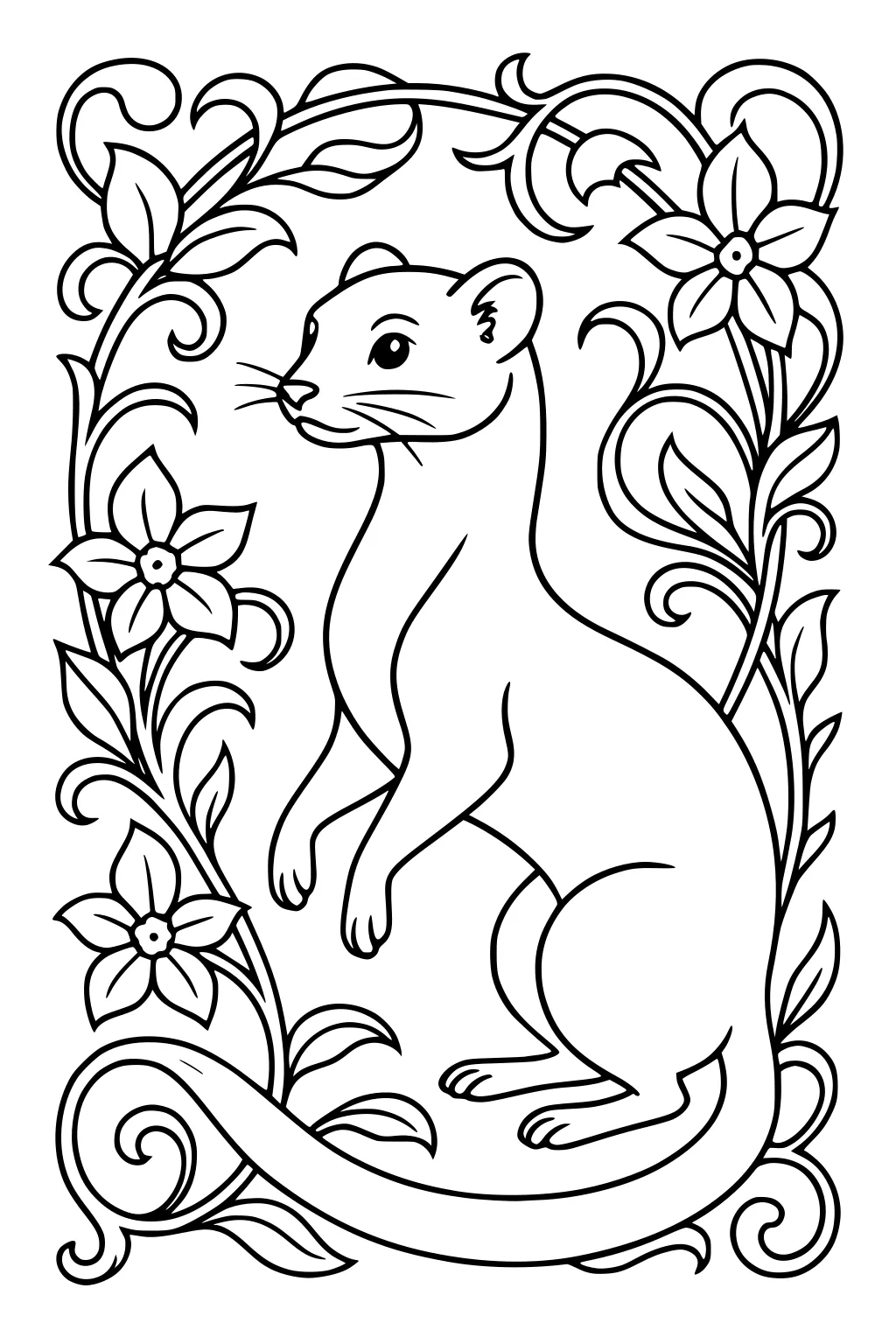 Weasel sitting upright inside a frame of large flowers, leaves, and swirling vines.