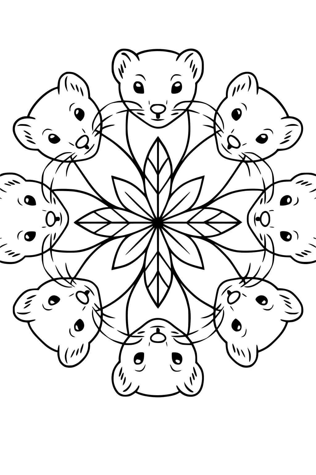 Six cartoon weasel faces in a circle around a large flower with leafy petals. All weasel faces have round ears and big eyes.