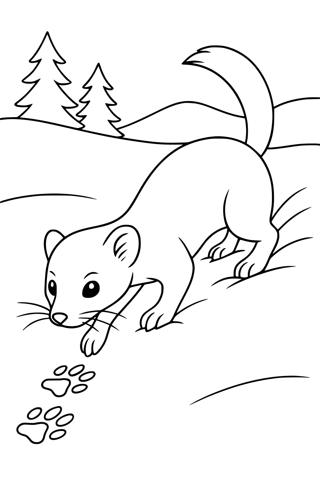 A weasel with a bushy tail follows paw prints through hilly ground, with two pine trees in the background.