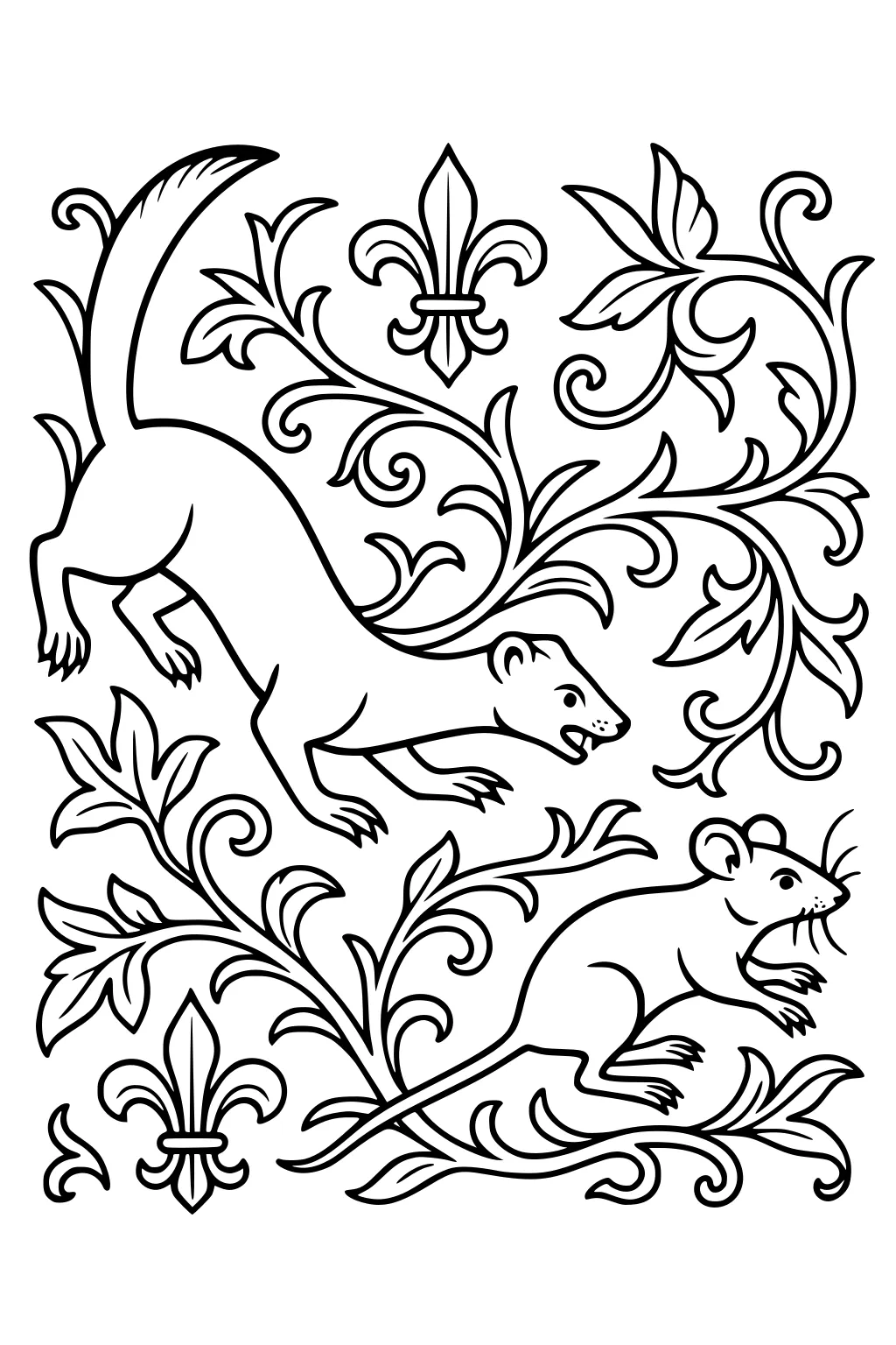 Weasel and mouse among curly leaves and fleur-de-lis patterns on a black and white line art page.