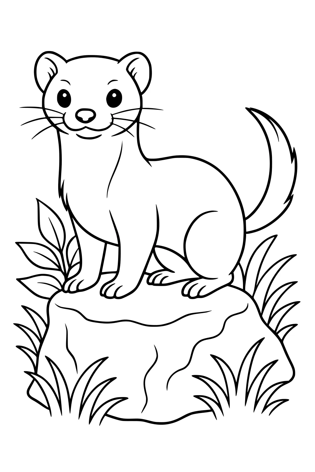 Cartoon weasel with a smiling face, perched on a rock with grass and leaves around it.