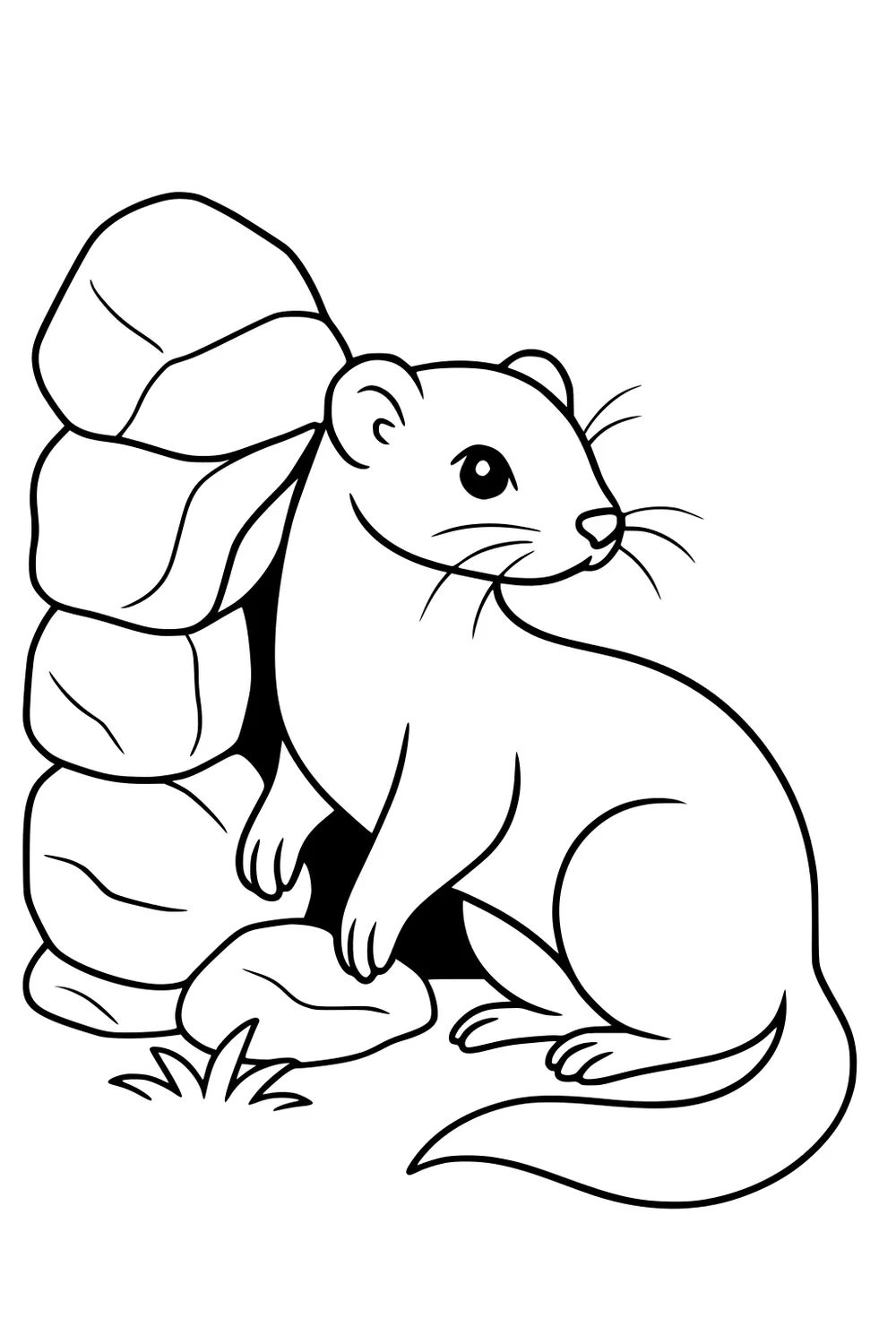 Simple drawing of a weasel sitting next to a pile of stones with grass at its feet.