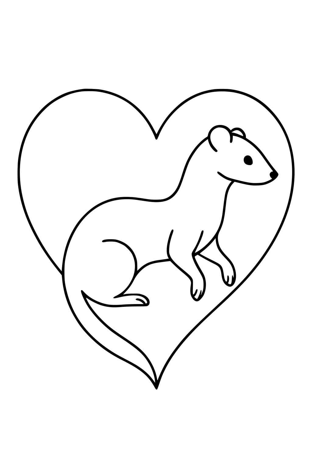 Outlined weasel standing inside a large heart, with long tail and rounded ears, facing right.