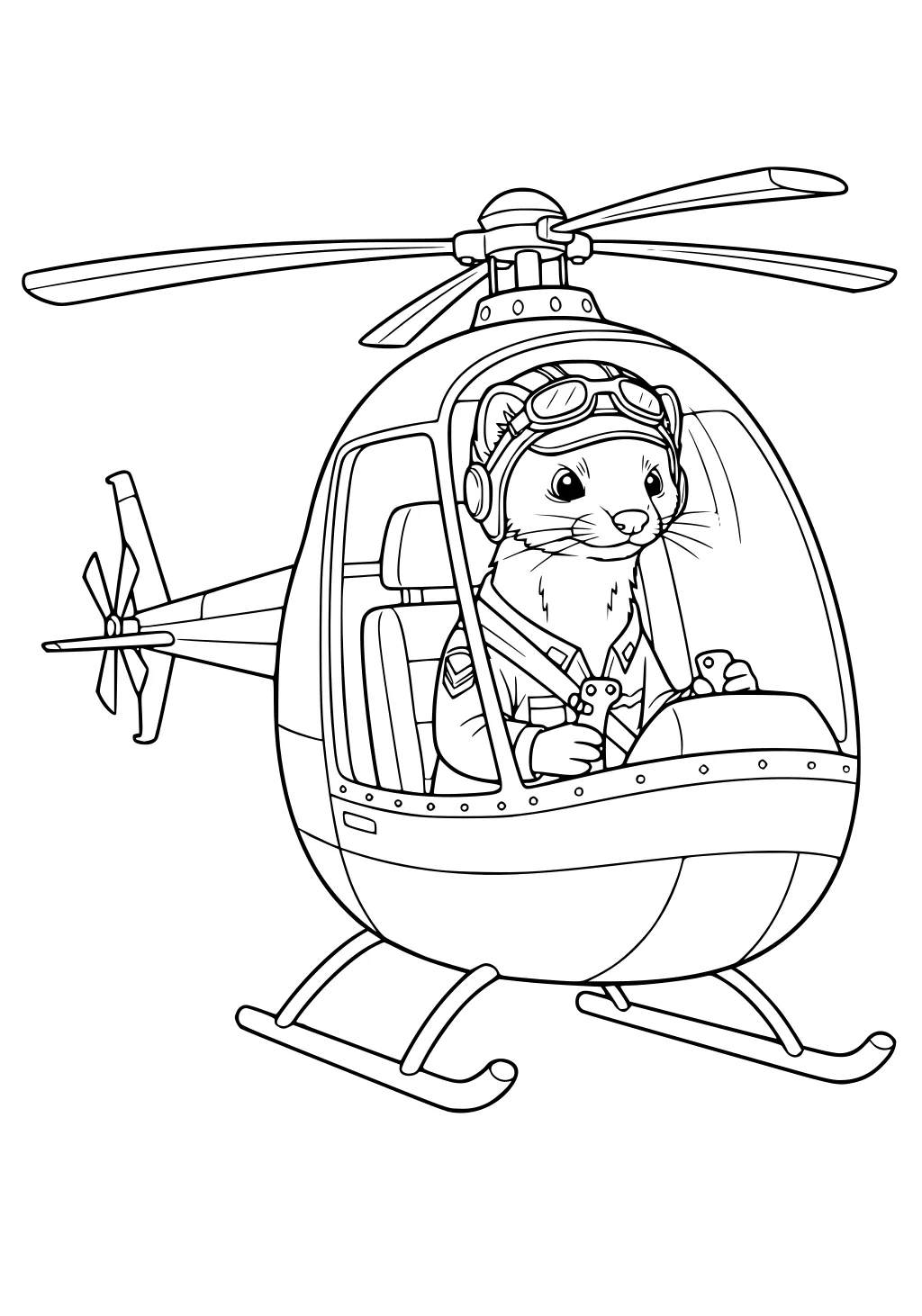 Weasel in pilot gear flying a helicopter, holding the controls inside a detailed cockpit.