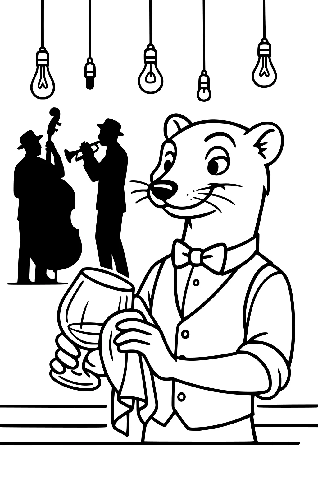 Weasel bartender with vest and bow tie polishes glass behind bar, jazz musicians in silhouette, five lightbulbs hanging above.