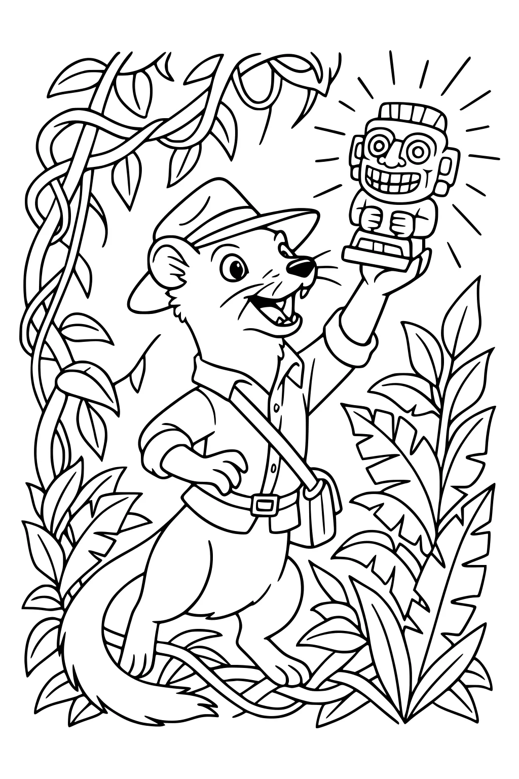 Weasel in explorer outfit holding idol statue in jungle, surrounded by leaves and winding vines.