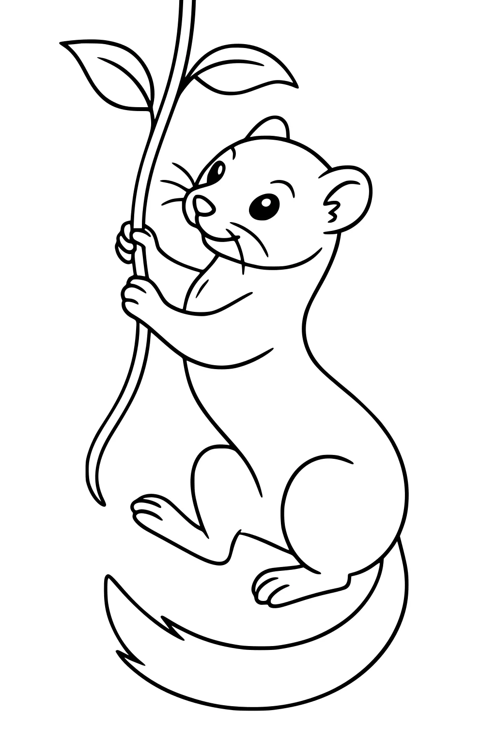 Cartoon weasel with big eyes holds a vine with two leaves, sitting upright with a long curved tail.