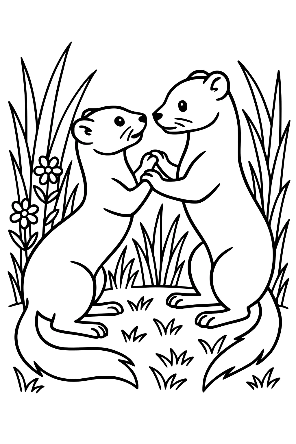 Two weasels standing upright and holding paws, surrounded by tall grass and flowers in a meadow.
