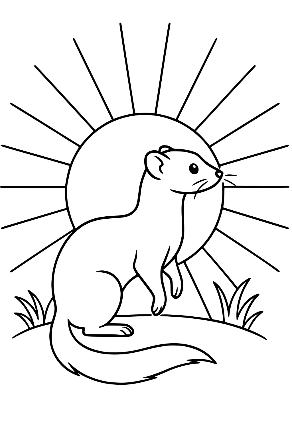 A weasel stands upright on a grassy hill with a large sun and sun rays shining behind it. Two tufts of grass frame the scene.