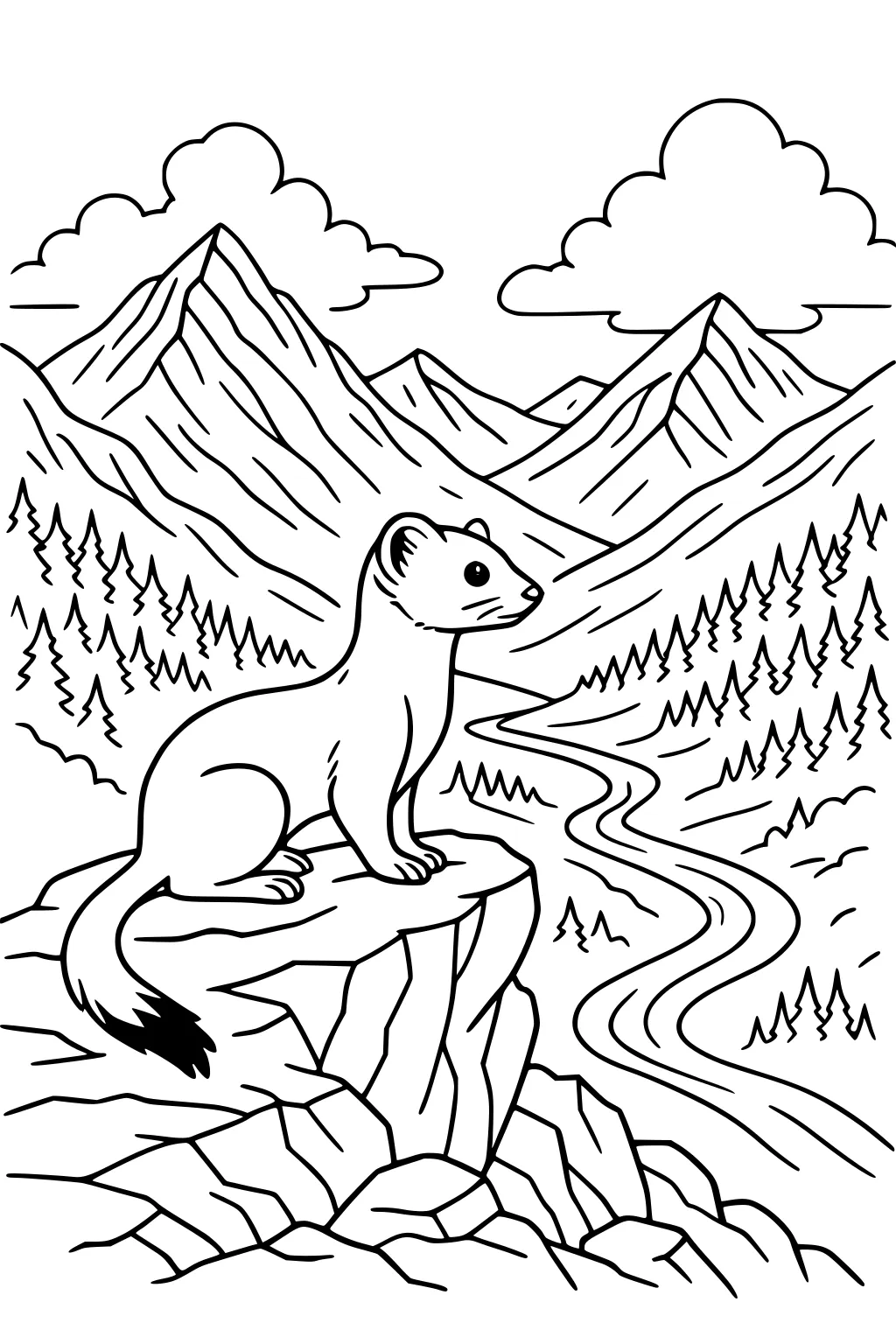 A weasel sits on a rocky outcrop above a winding river, with pine trees, mountains, and clouds behind him.
