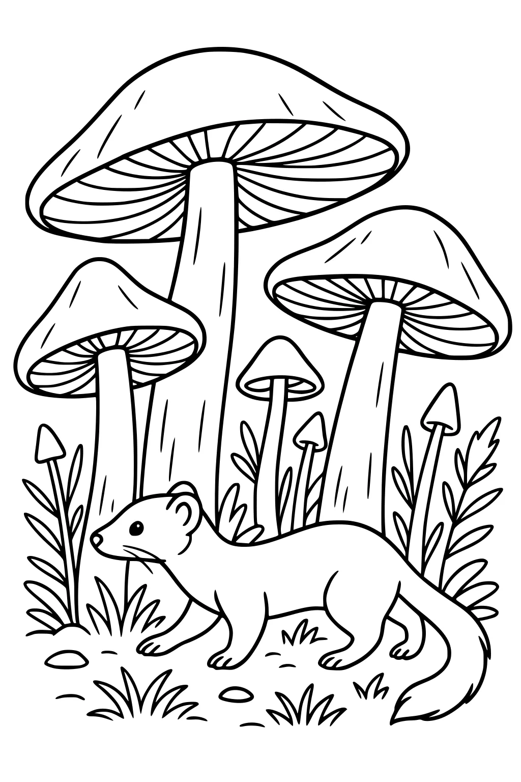 Weasel walking on grass surrounded by tall mushrooms, leafy plants, and rocks in a woodland setting.