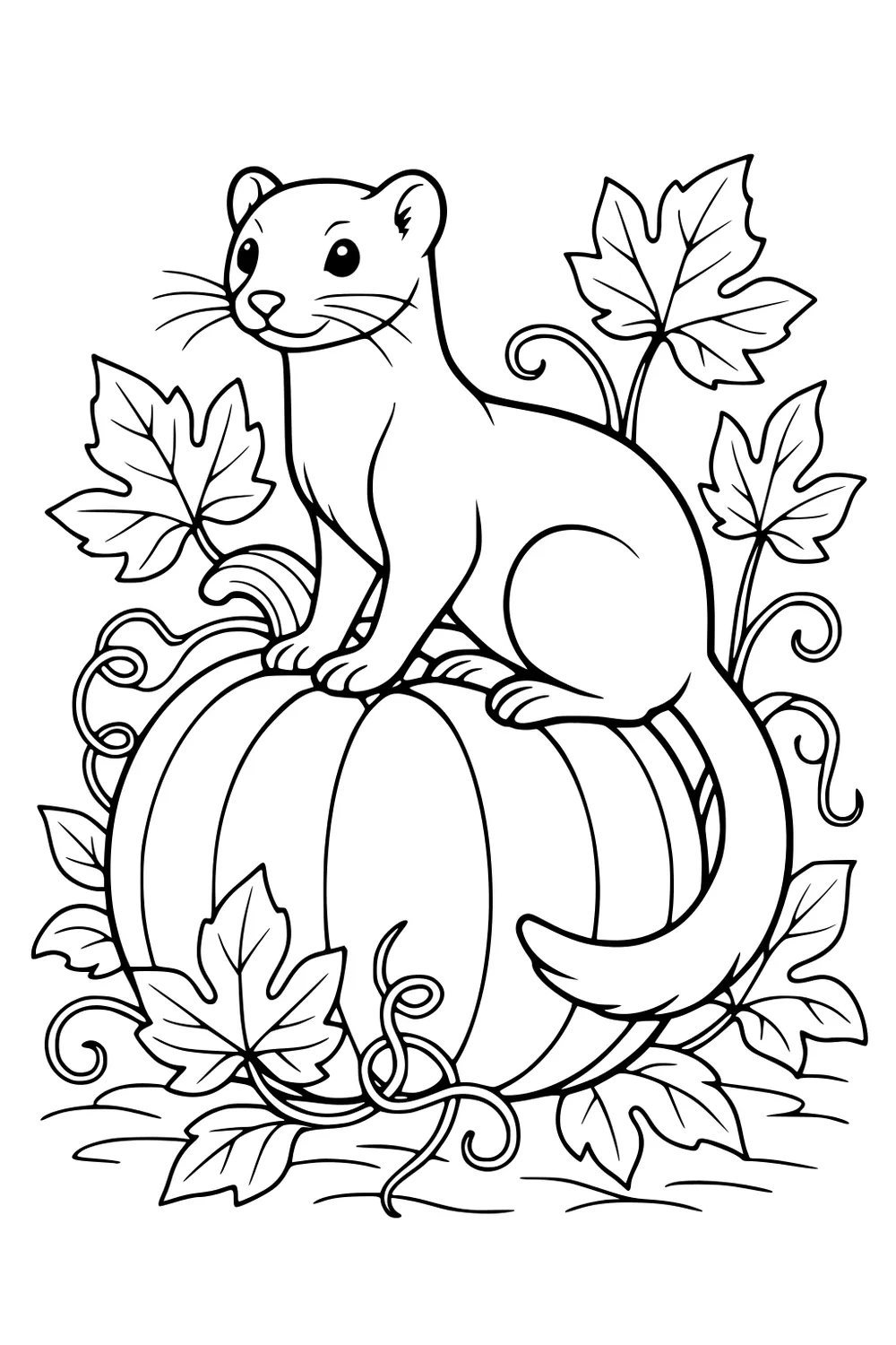 Weasel standing on a pumpkin with curly vines and large leaves around it.