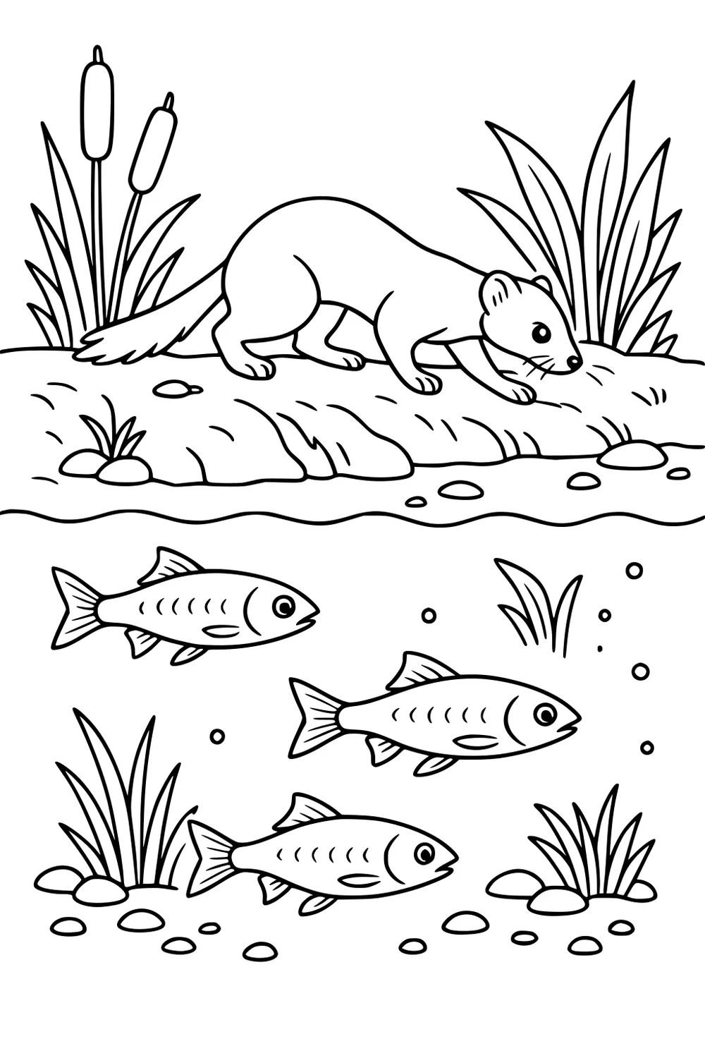 Weasel on a grassy riverbank with cattails, three fish swimming below the water, rocks and pond plants all around.
