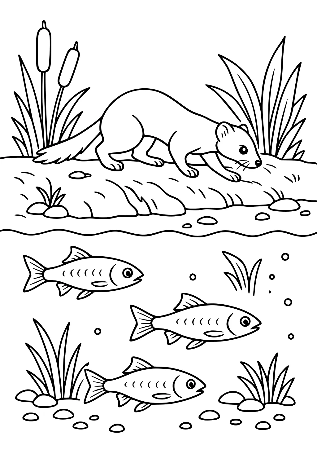 Weasel on a grassy riverbank with cattails, three fish swimming below the water, rocks and pond plants all around.