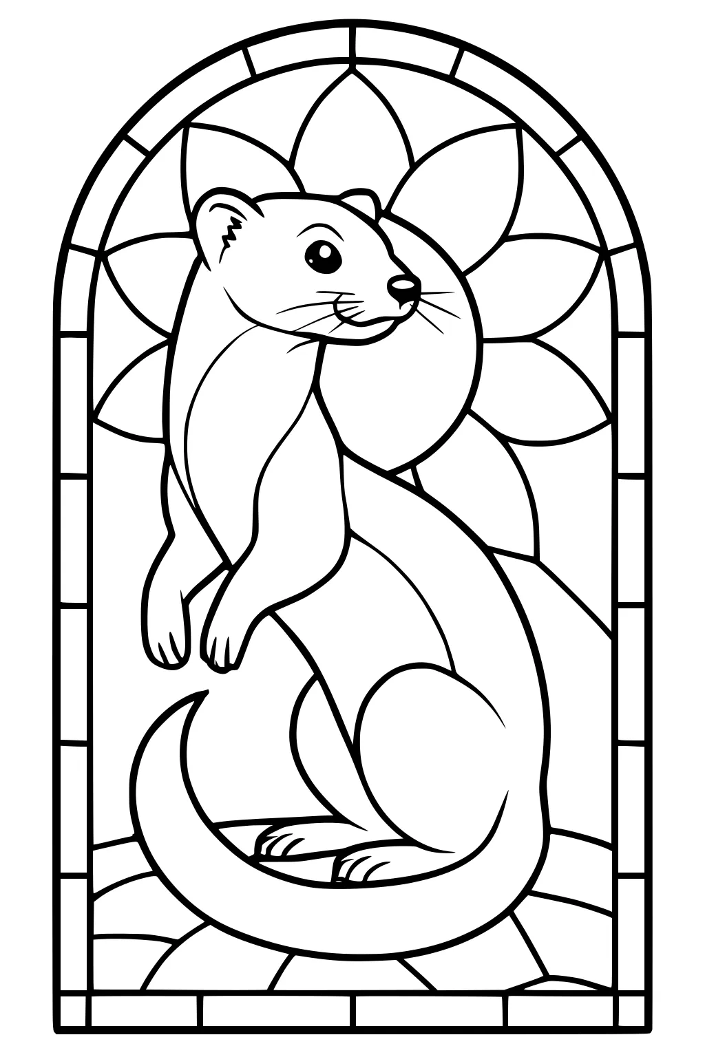 Weasel sitting upright with a big flower behind her in an arched frame