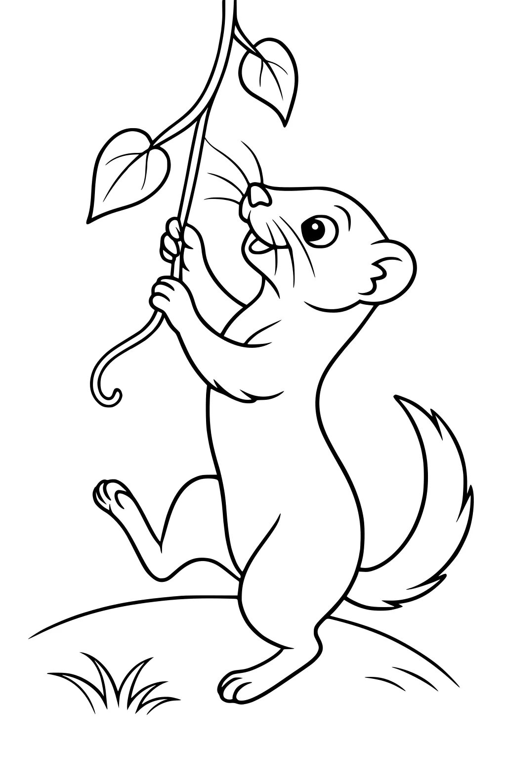 Cartoon weasel standing on hind legs holding a leafy vine, with a bushy tail and grass underfoot.