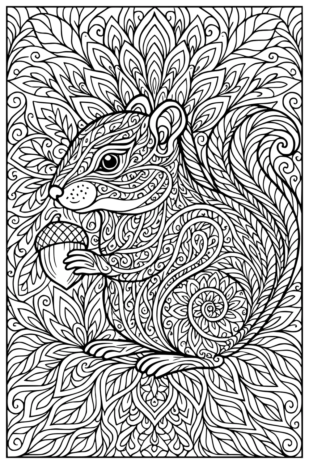 Chipmunk holding an acorn surrounded by intricate, leaf-shaped and swirling abstract patterns.
