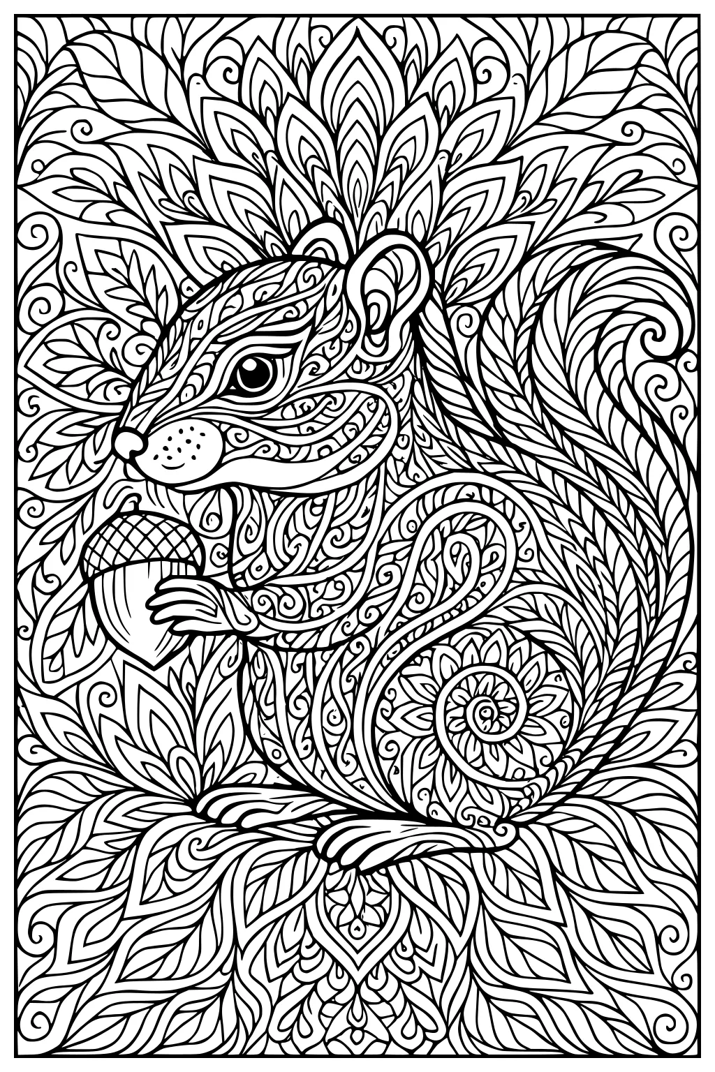 Chipmunk holding an acorn surrounded by intricate, leaf-shaped and swirling abstract patterns.