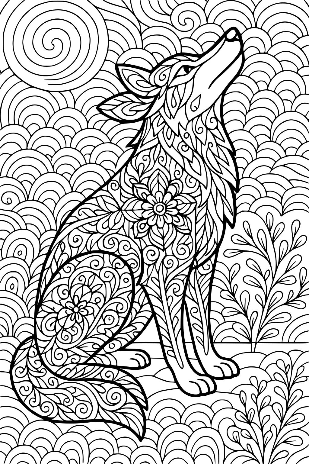 Detailed coyote covered in swirls and flowers, sitting with raised nose among leafy plants and spirals, with sun overhead.