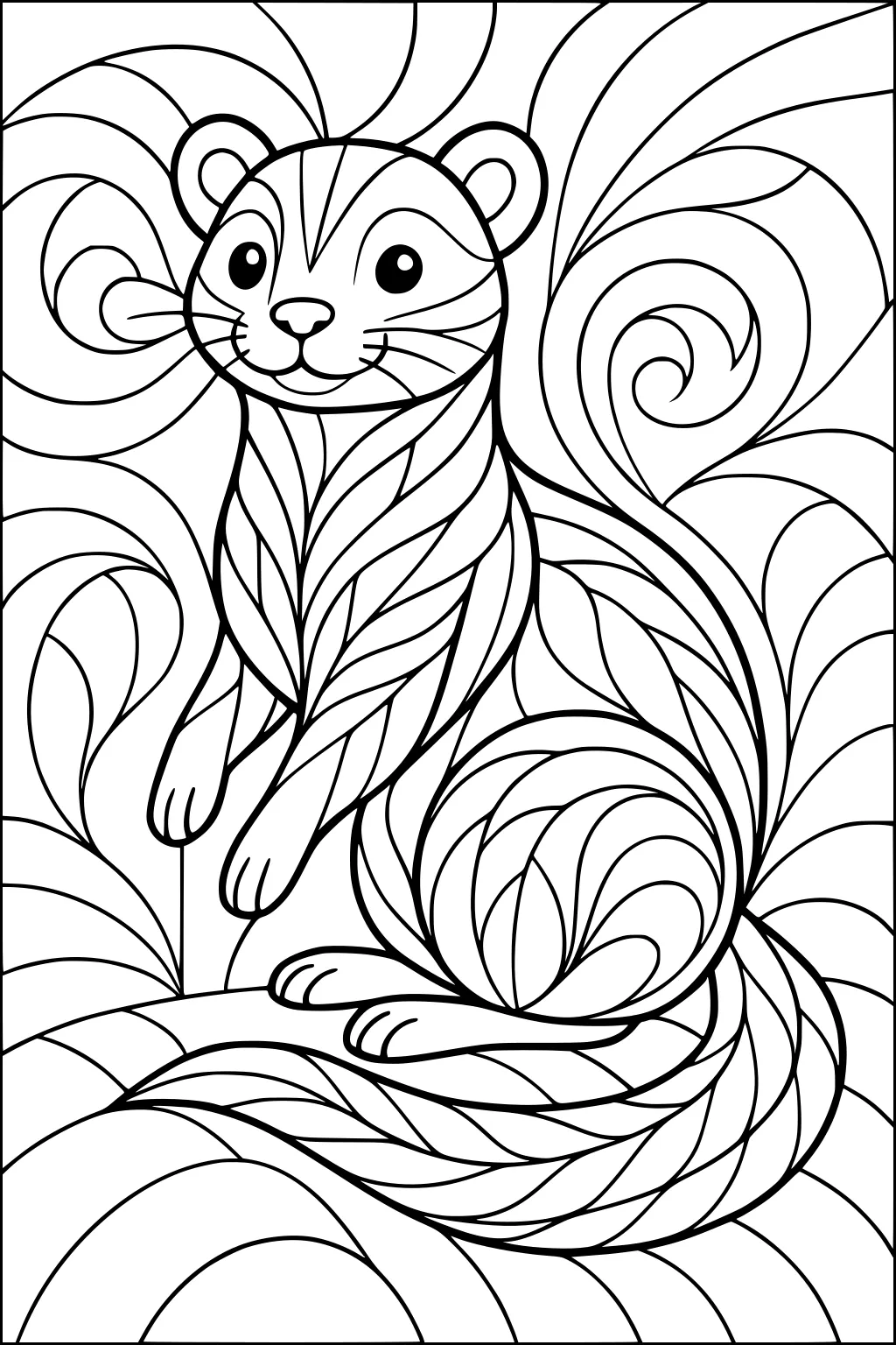Cartoon ferret with swirly striped fur sits upright among curling leaves and lines in a playful pattern.
