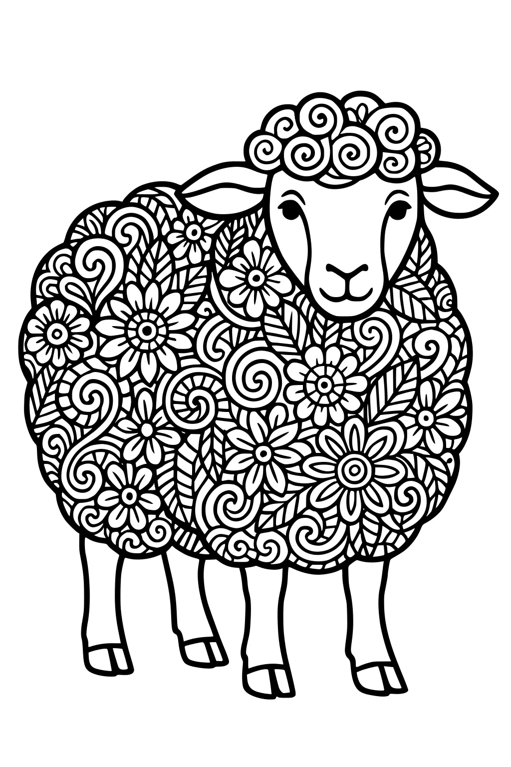 Sheep with a head of curls and body patterned with flowers, swirls, and leaves, standing with all four legs visible.