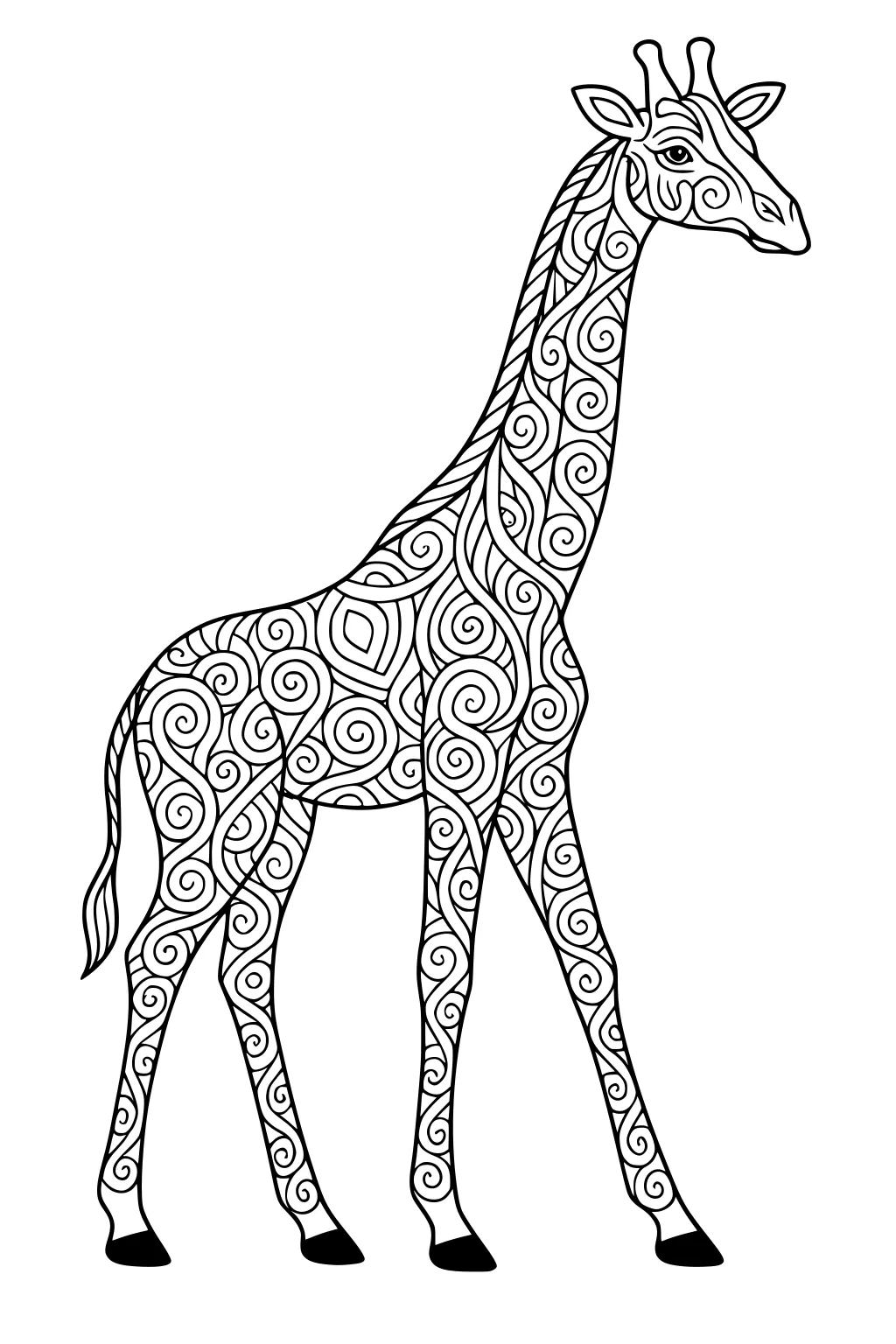Outlined giraffe with spiral and swirl patterns over its body, standing tall on four legs with dark hooves.