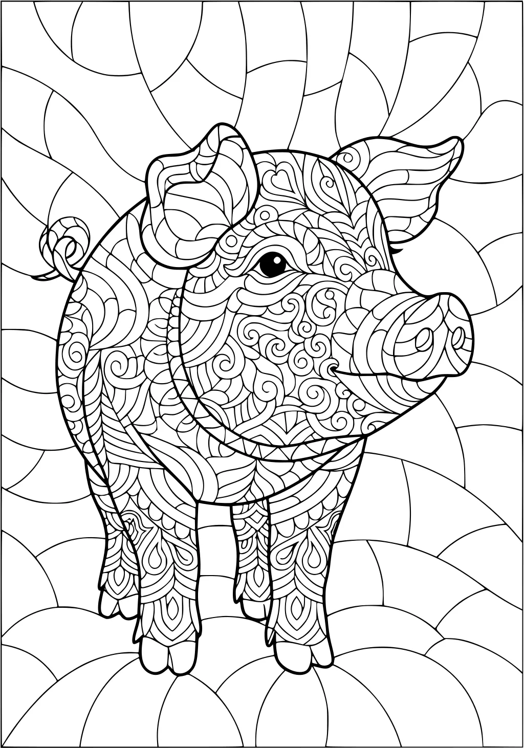 Outlined pig with swirly designs, standing forward and surrounded by arched background shapes.