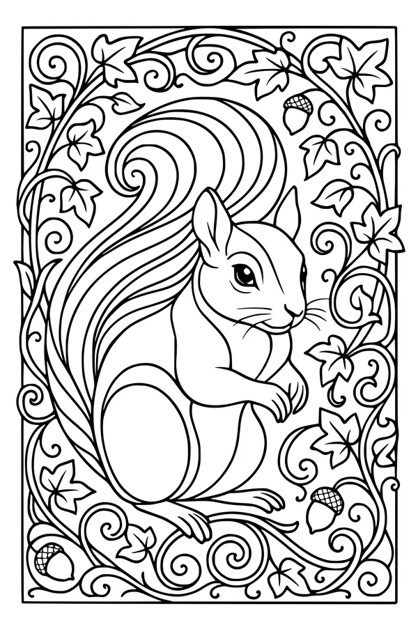 Swirly-Tailed Squirrel in the Garden Leaves