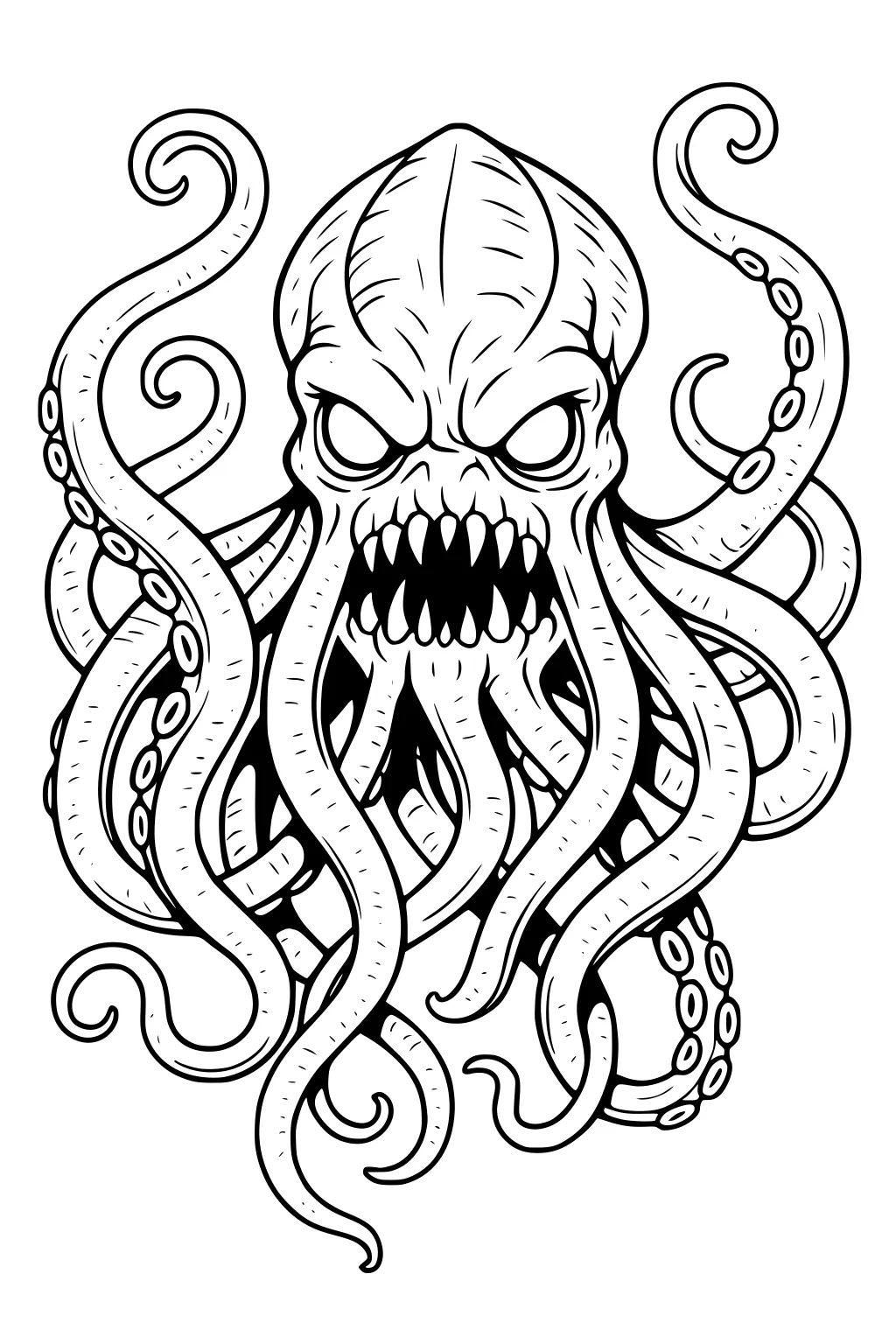 Kraken sea monster head with curling tentacles, suction cups, blank eyes, and sharp teeth in bold black line art.