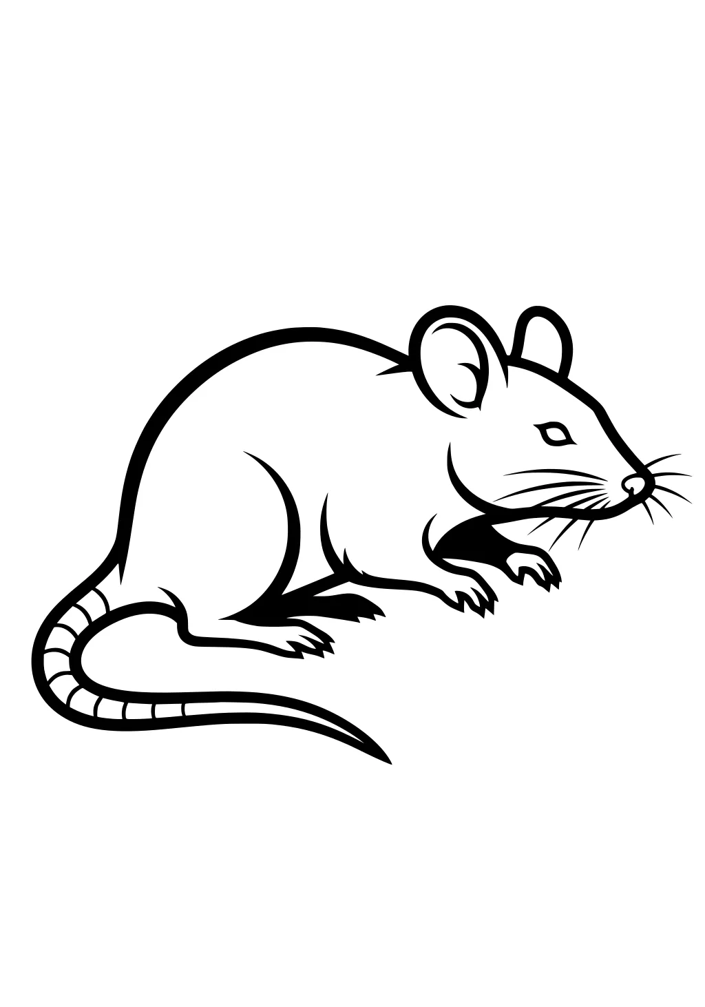 Line drawing of a rat crouched on all fours with big ears, long tail, and whiskers.