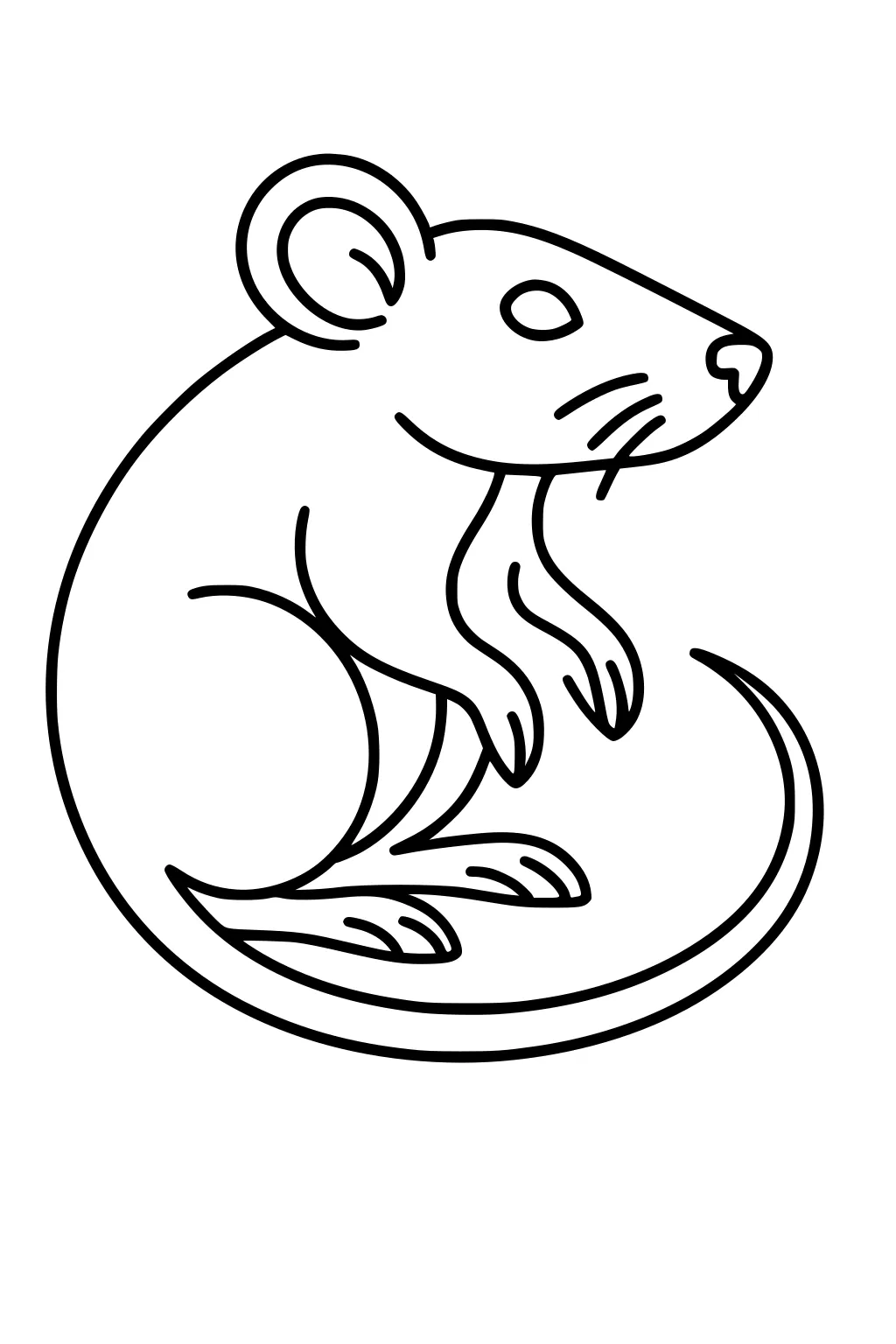Cartoon rat with large round ear, short front paws, long curved tail, and whiskers, sitting upright.