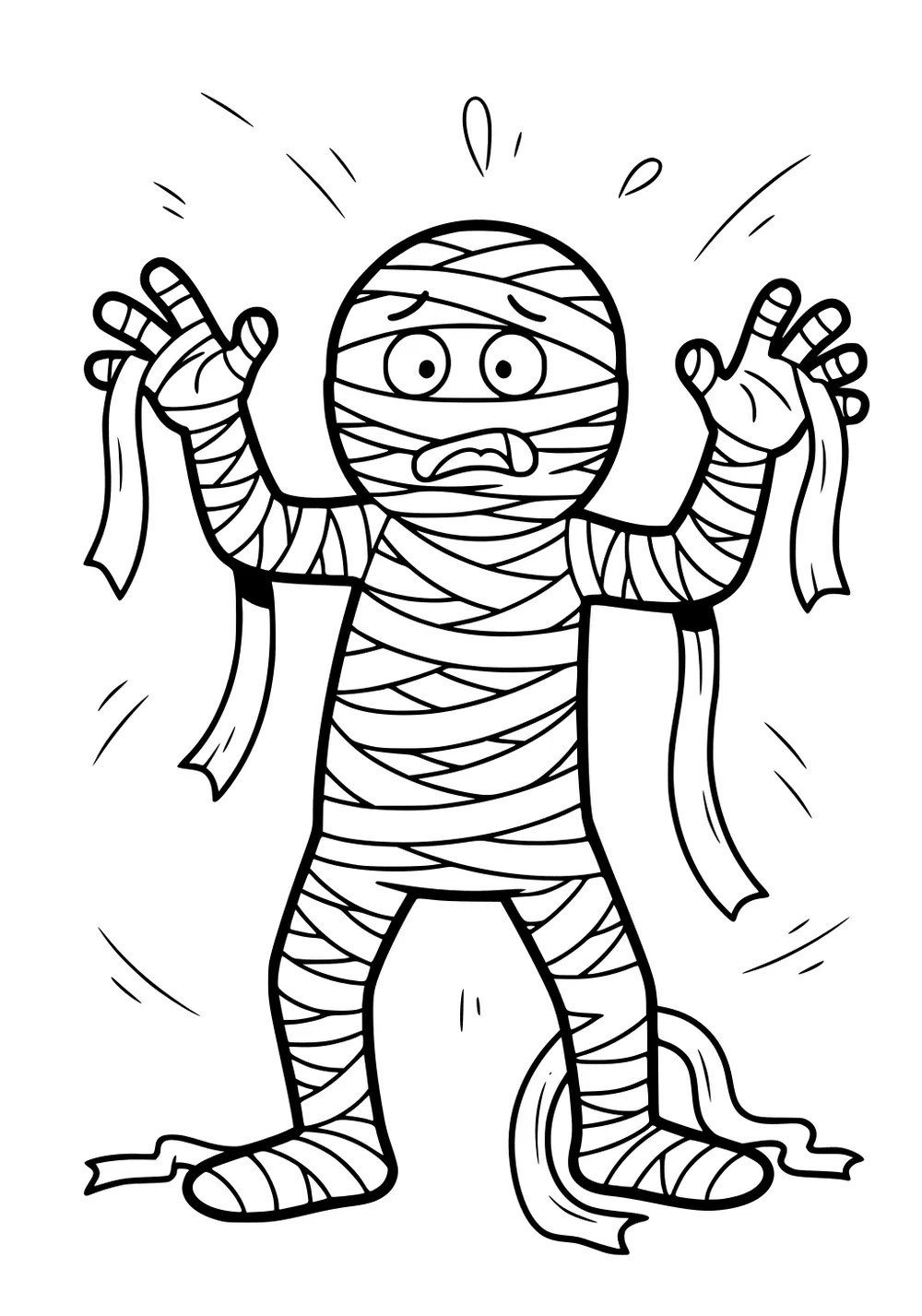 Cartoon mummy boy with raised hands, wide eyes, and loose bandage strips fluttering; bold outlines, no background.