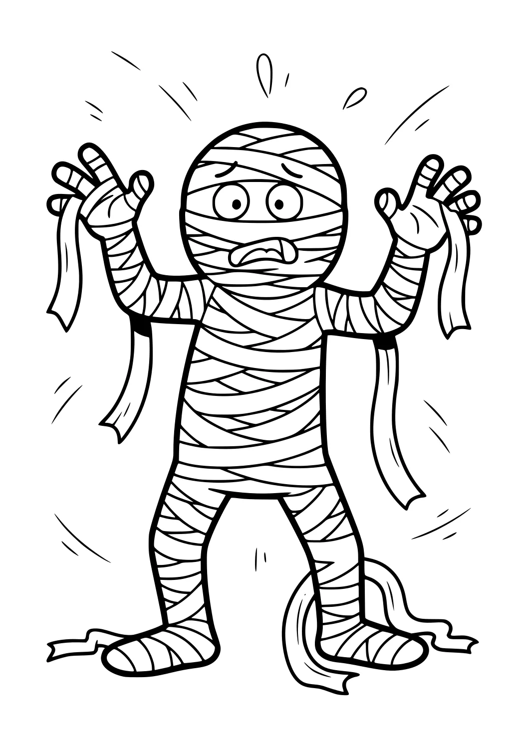 Cartoon mummy boy with raised hands, wide eyes, and loose bandage strips fluttering; bold outlines, no background.