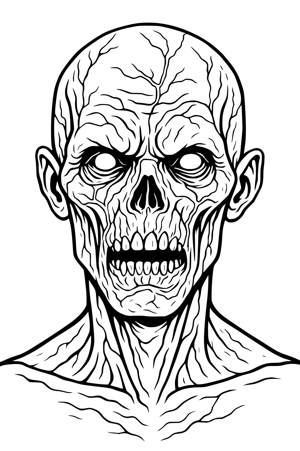 Bald zombie head and shoulders with empty eyes, exposed teeth, and wrinkled skin lines in bold outline on a white background.