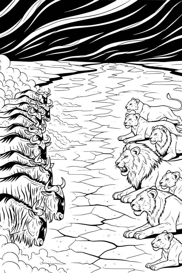 Wildebeest and Waiting Lions