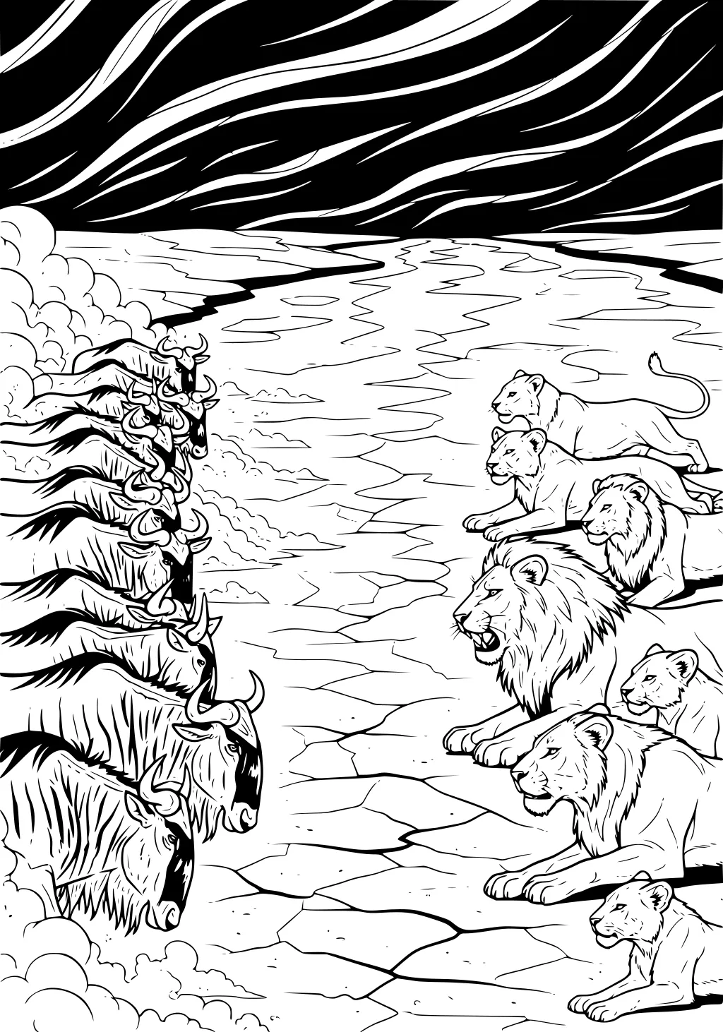 Herd of wildebeest on left facing resting lions on the right across cracked savanna, dust clouds and bold striped sky.