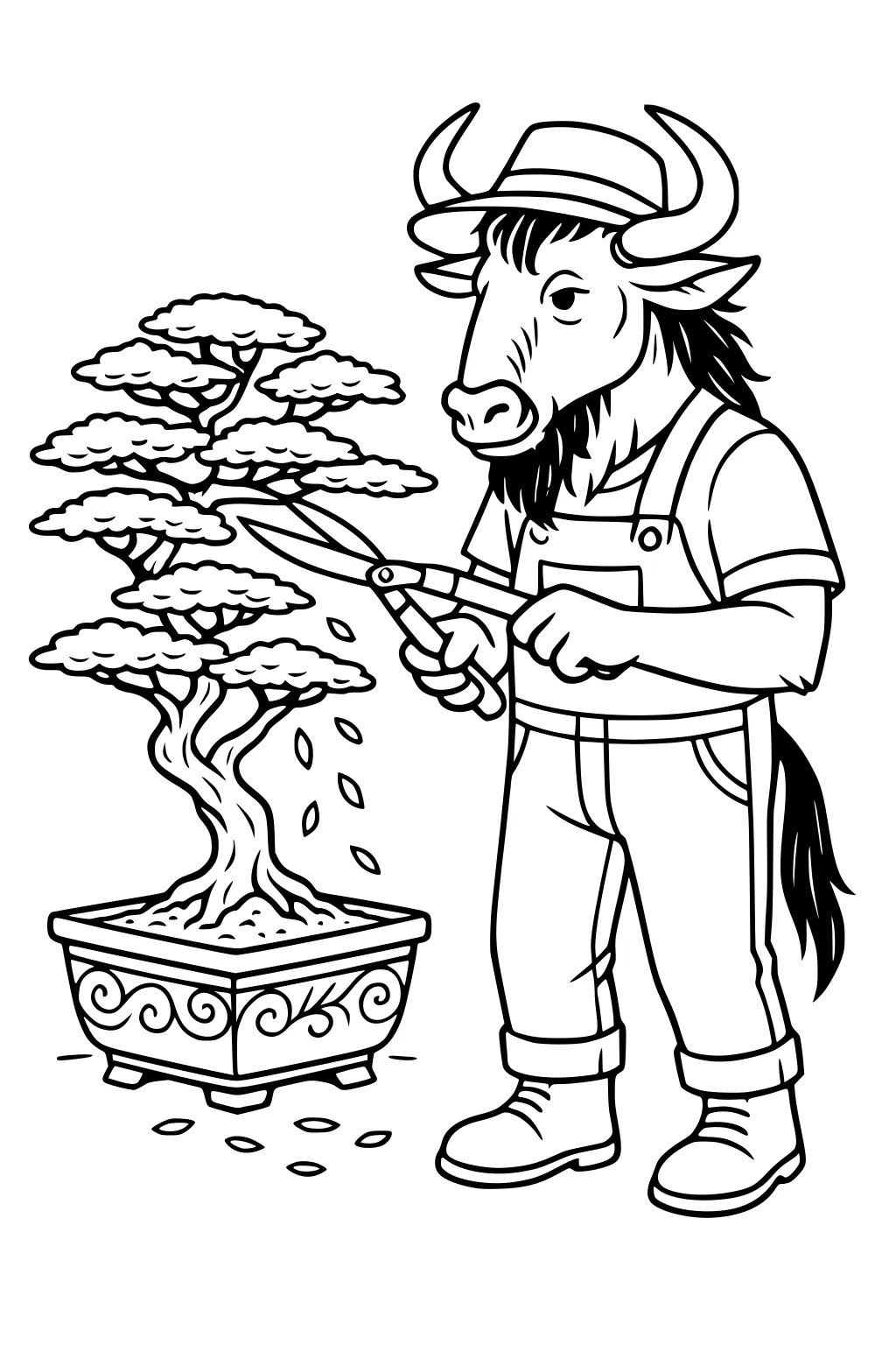 Wildebeest in overalls and hat trims a bonsai tree with scissors while leaves fall into a decorated pot.