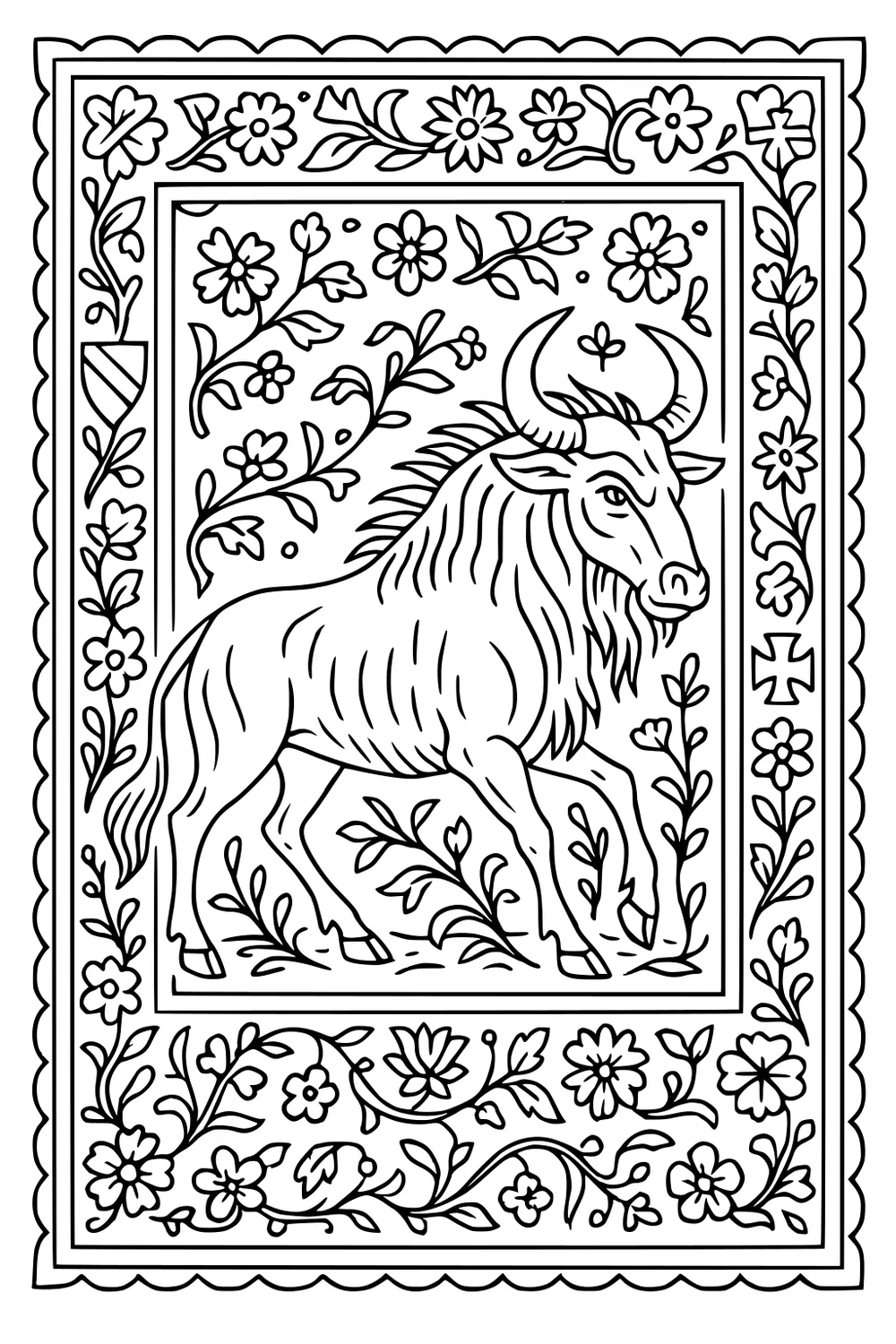 Wildebeest with curved horns trotting inside a floral frame with vines, flowers, and scalloped border, drawn in bold outlines.
