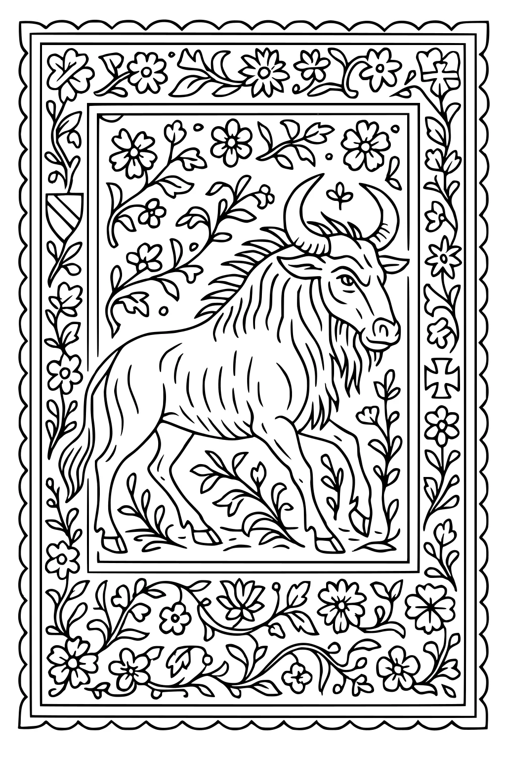 Wildebeest with curved horns trotting inside a floral frame with vines, flowers, and scalloped border, drawn in bold outlines.