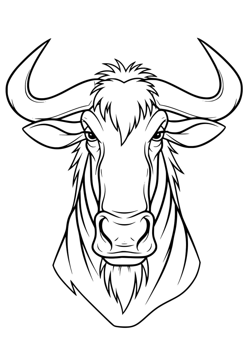 Front view wildebeest head with curved horns, shaggy tuft, beard, strong muzzle, and bold outlines on a plain background.