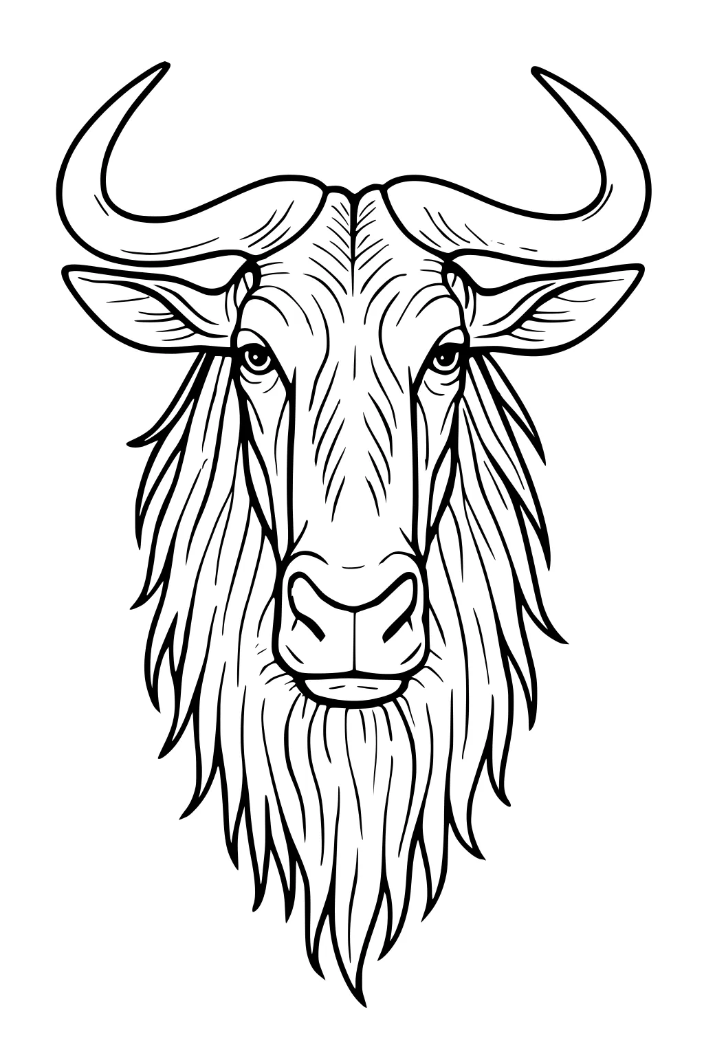Front view of a wildebeest head with curved horns, shaggy beard, and detailed line art on a blank background.